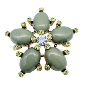 Green Cabochon Rhinestone Brooch Flower Gold Tone 1 3/4" Blue Center Rhinestone